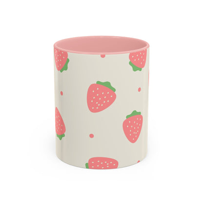 Strawberry Pattern Accent Coffee Mug — Cute Pink Fruit Ceramic Mug (11/15oz)
