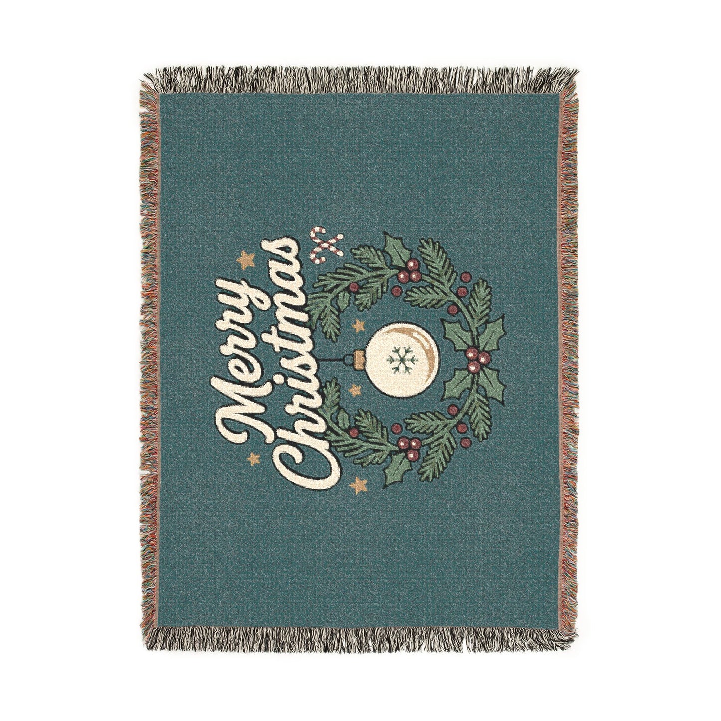 Merry Christmas Woven Throw Blanket — Holiday Wreath & Ornament Design