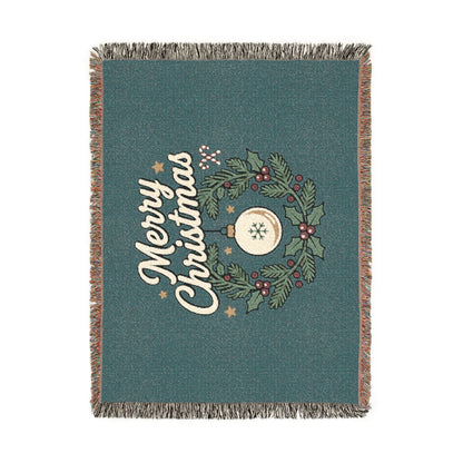 Merry Christmas Woven Throw Blanket — Holiday Wreath & Ornament Design