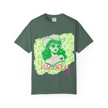 Howdy Cowgirl Graphic T-Shirt — Retro Neon Green Leopard Print with “howdy” Script