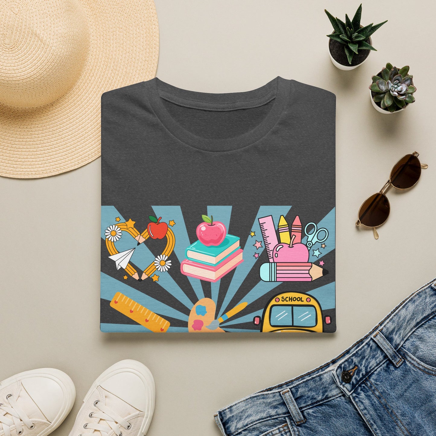 Back to School Graphic T-Shirt — Colorful School Icons (Apple, Bus, Books)
