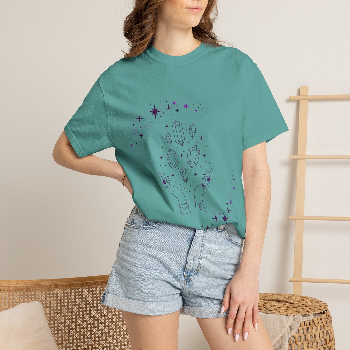 Crystal Reading T-Shirt — Mystical Hands, Floating Crystals & Stars Tee