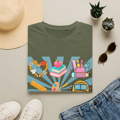 Back to School Graphic T-Shirt — Colorful School Icons (Apple, Bus, Books)