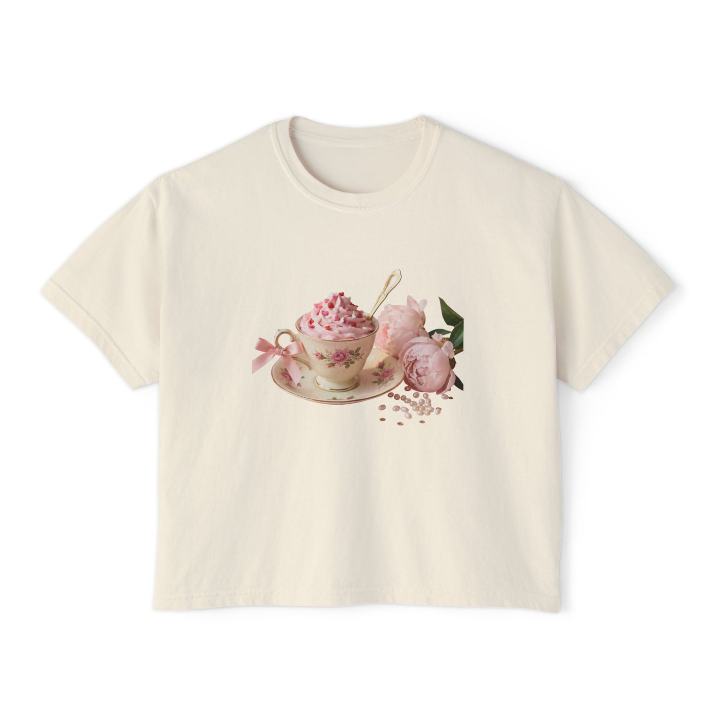 Vintage Teacup & Roses Boxy Tee — Floral Tea Party Graphic Shirt