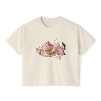 Vintage Teacup & Roses Boxy Tee — Floral Tea Party Graphic Shirt