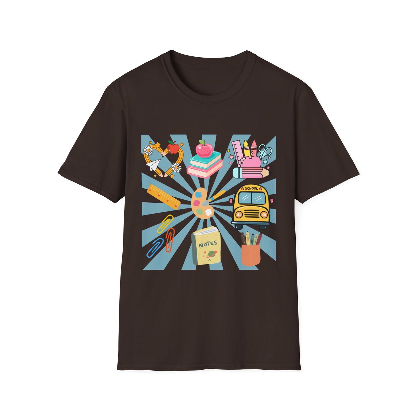 Back to School Graphic T-Shirt — Colorful School Icons (Apple, Bus, Books)