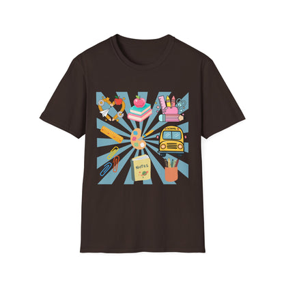 Back to School Graphic T-Shirt — Colorful School Icons (Apple, Bus, Books)