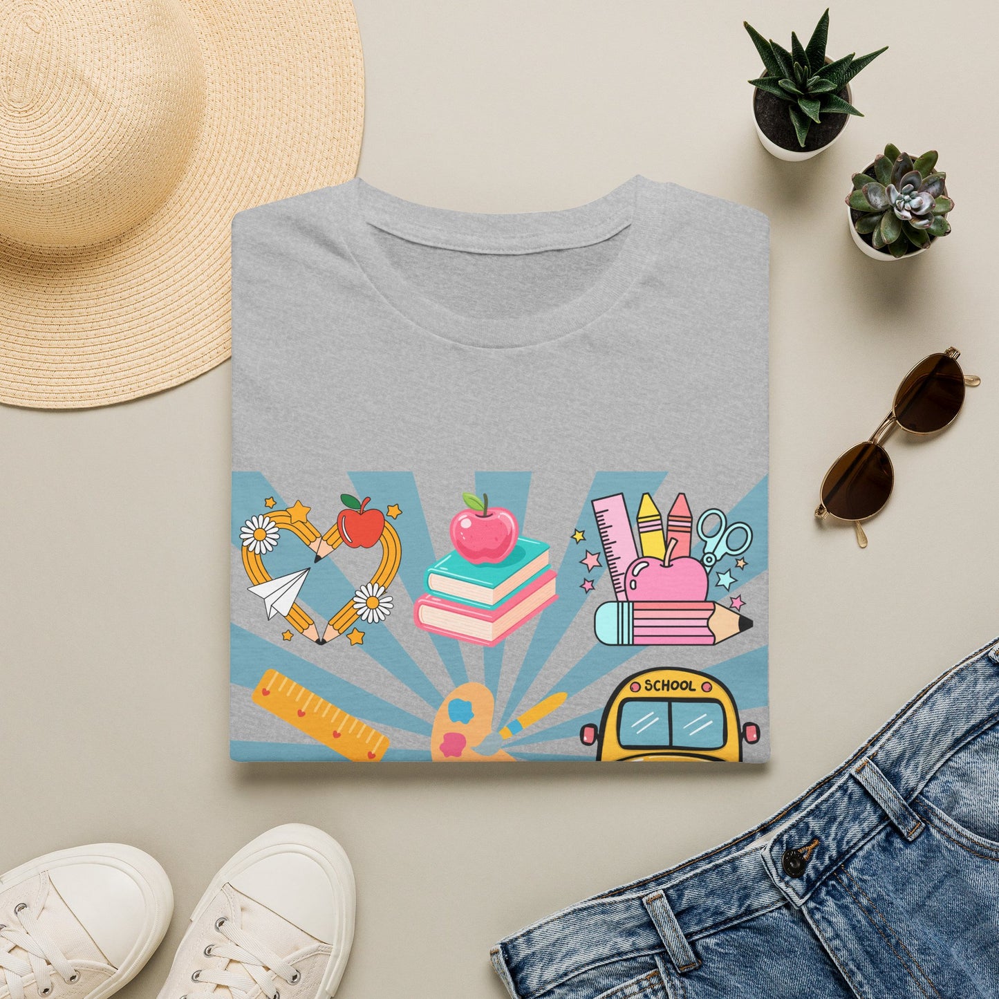 Back to School Graphic T-Shirt — Colorful School Icons (Apple, Bus, Books)