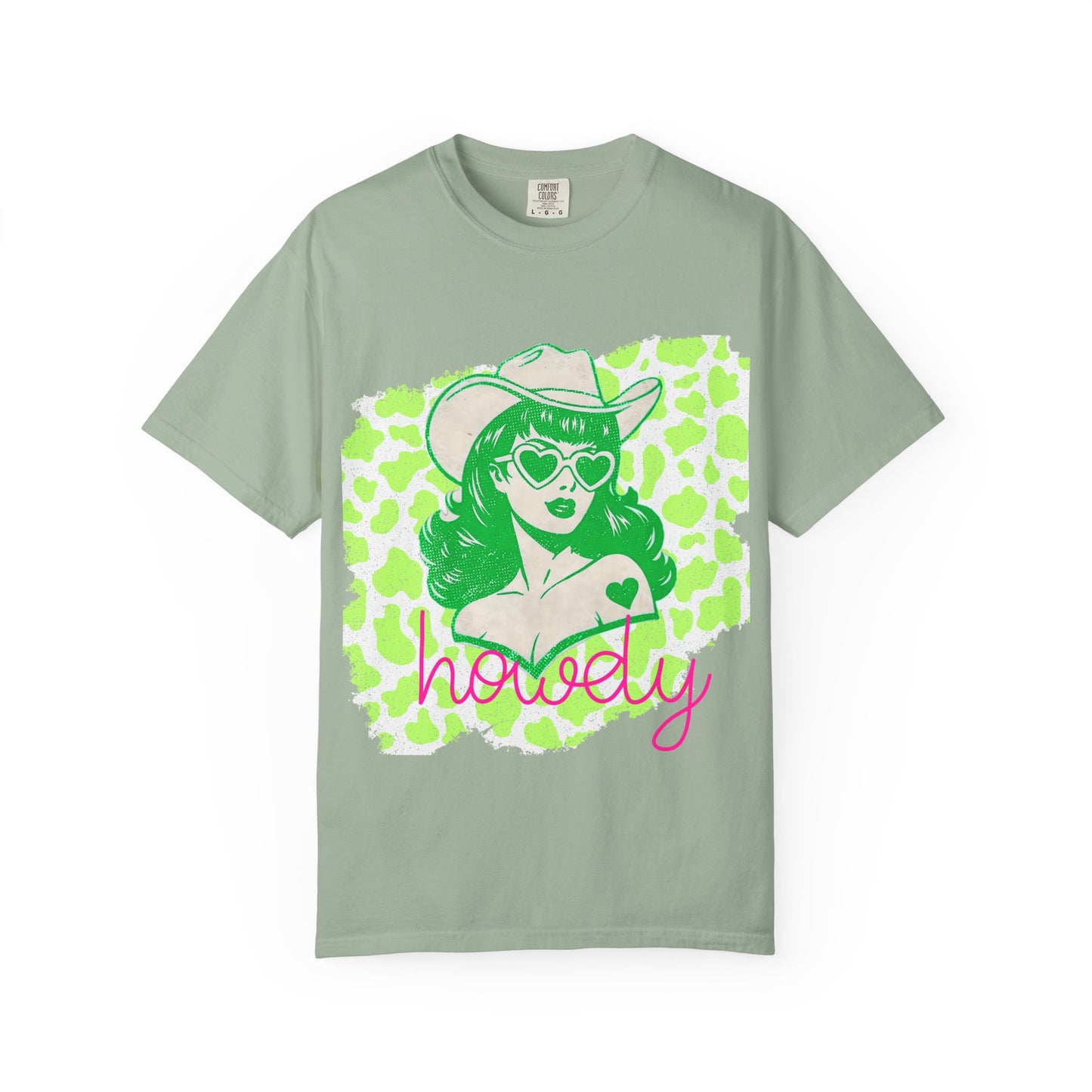 Howdy Cowgirl Graphic T-Shirt — Retro Neon Green Leopard Print with “howdy” Script