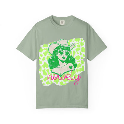 Howdy Cowgirl Graphic T-Shirt — Retro Neon Green Leopard Print with “howdy” Script