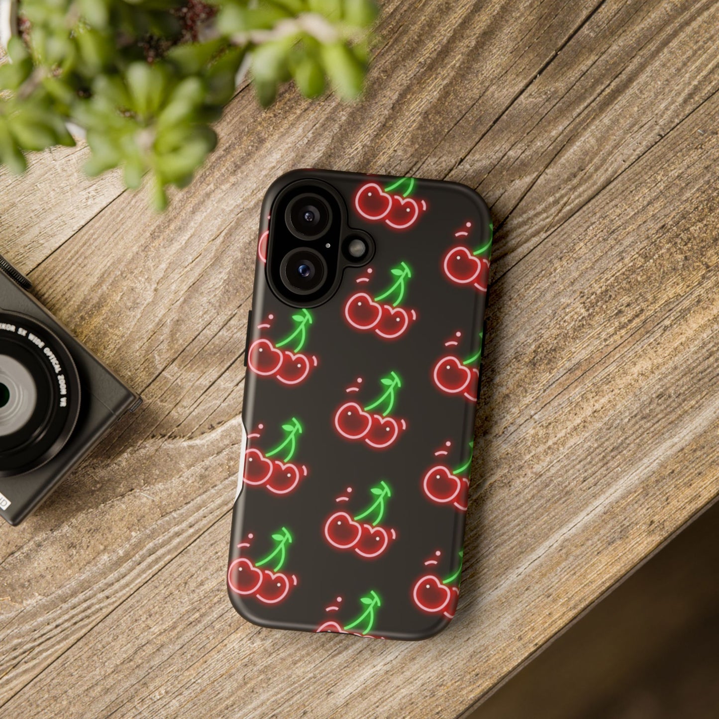 Neon Cherry Phone Case – Retro Fruit Pattern Protective iPhone Cover