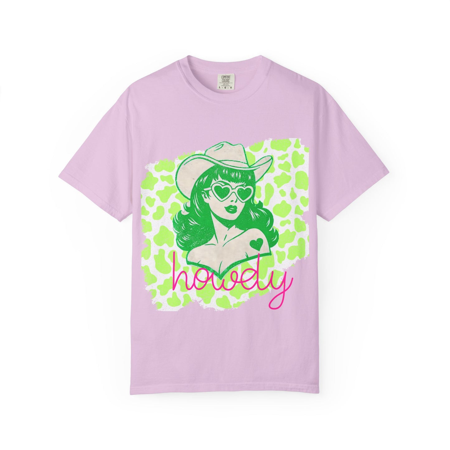 Howdy Cowgirl Graphic T-Shirt — Retro Neon Green Leopard Print with “howdy” Script
