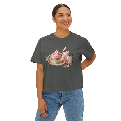 Vintage Teacup & Roses Boxy Tee — Floral Tea Party Graphic Shirt