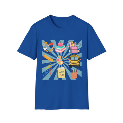 Back to School Graphic T-Shirt — Colorful School Icons (Apple, Bus, Books)