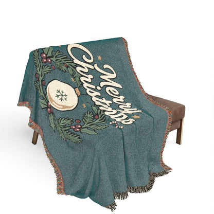 Merry Christmas Woven Throw Blanket — Holiday Wreath & Ornament Design