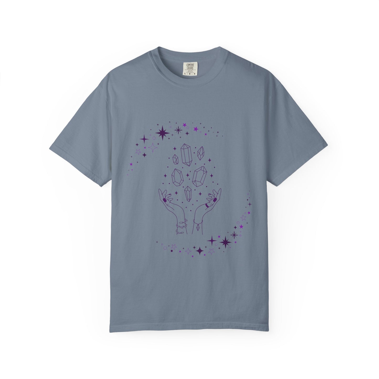 Crystal Reading T-Shirt — Mystical Hands, Floating Crystals & Stars Tee