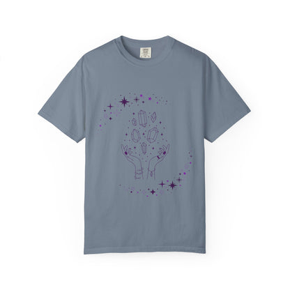 Crystal Reading T-Shirt — Mystical Hands, Floating Crystals & Stars Tee