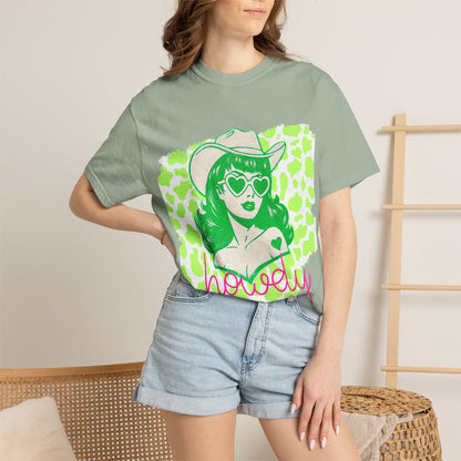 Howdy Cowgirl Graphic T-Shirt — Retro Neon Green Leopard Print with “howdy” Script