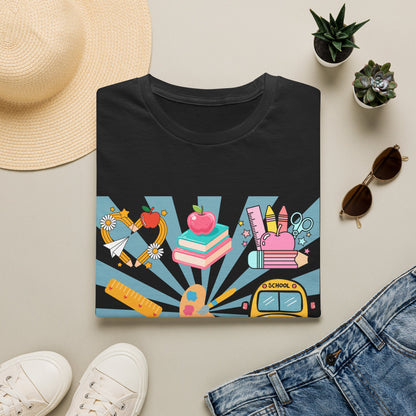 Back to School Graphic T-Shirt — Colorful School Icons (Apple, Bus, Books)