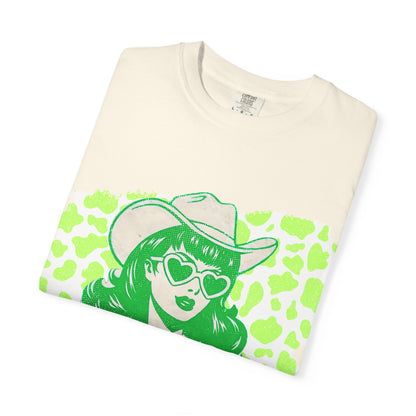 Howdy Cowgirl Graphic T-Shirt — Retro Neon Green Leopard Print with “howdy” Script