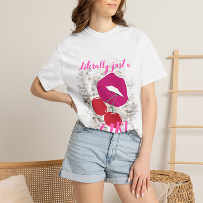 Graphic T-Shirt — "Literally Just a Girl" Pink Lips & Cherries Tee