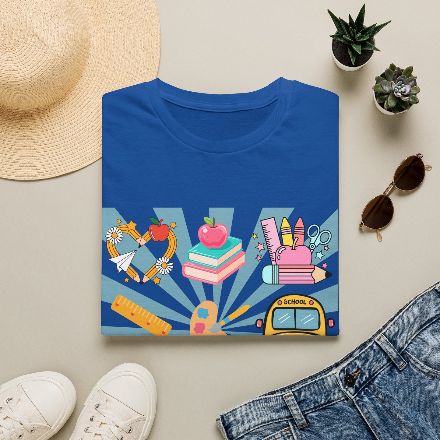 Back to School Graphic T-Shirt — Colorful School Icons (Apple, Bus, Books)