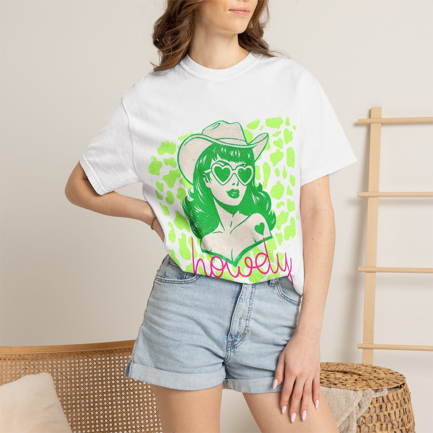 Howdy Cowgirl Graphic T-Shirt — Retro Neon Green Leopard Print with “howdy” Script