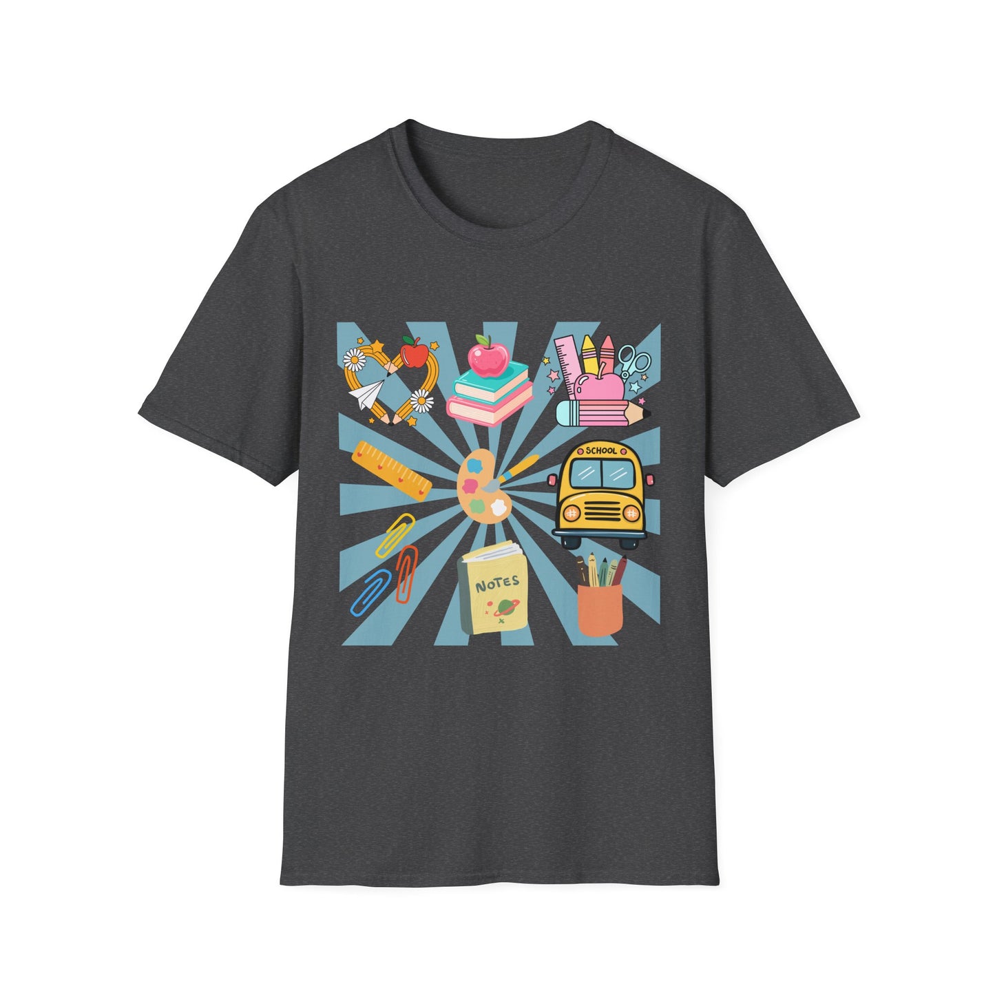 Back to School Graphic T-Shirt — Colorful School Icons (Apple, Bus, Books)