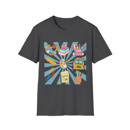 Back to School Graphic T-Shirt — Colorful School Icons (Apple, Bus, Books)