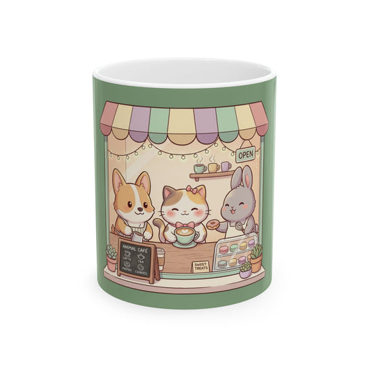 Cute Animal Cafe Ceramic Mug (11oz, 15oz) — Kawaii Cat, Dog & Bunny Coffee Cup