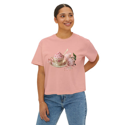 Vintage Teacup & Roses Boxy Tee — Floral Tea Party Graphic Shirt