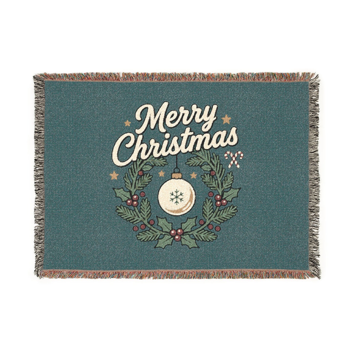 Merry Christmas Woven Throw Blanket — Holiday Wreath & Ornament Design