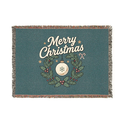 Merry Christmas Woven Throw Blanket — Holiday Wreath & Ornament Design