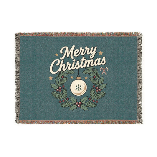 Merry Christmas Woven Throw Blanket — Holiday Wreath & Ornament Design