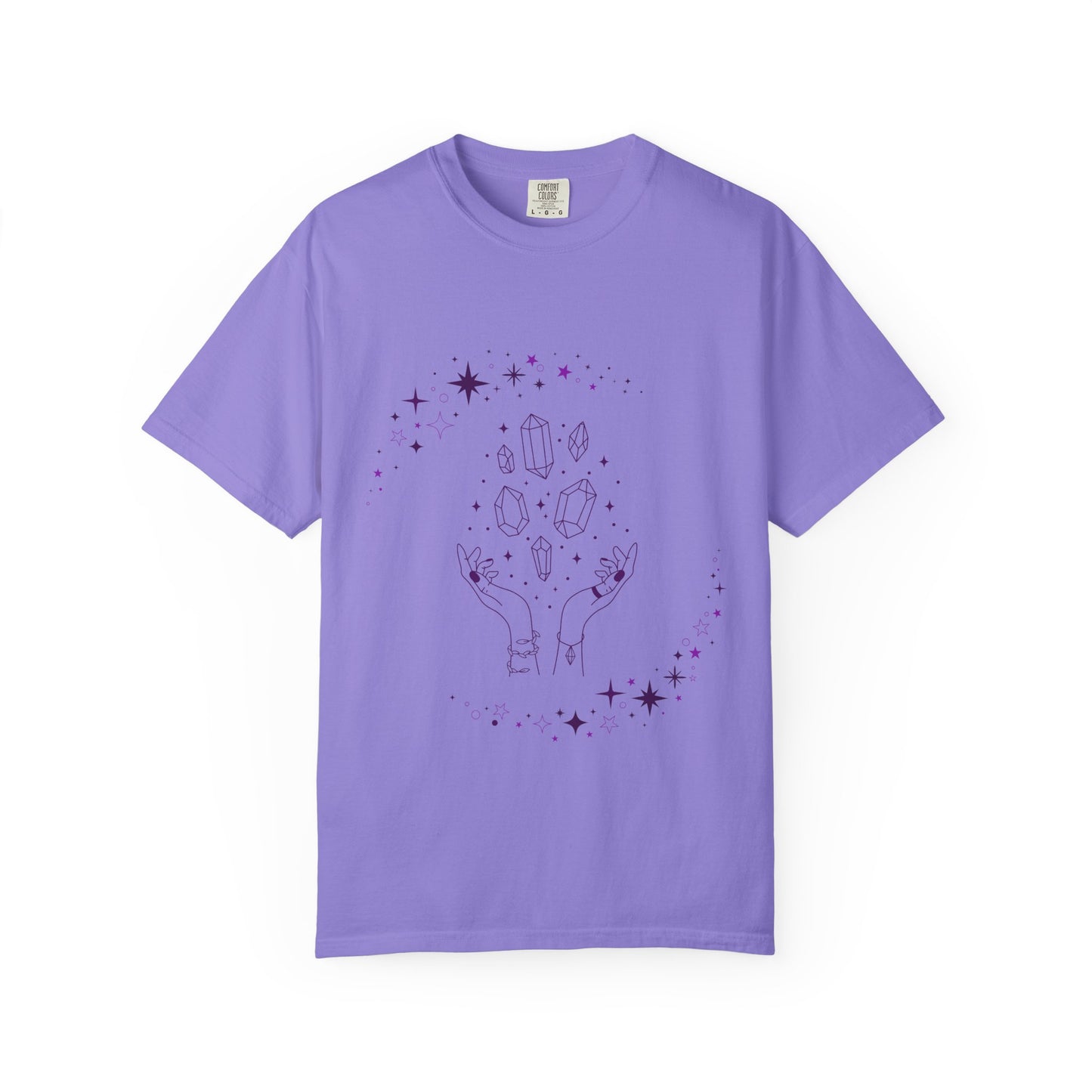 Crystal Reading T-Shirt — Mystical Hands, Floating Crystals & Stars Tee