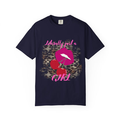 Graphic T-Shirt — "Literally Just a Girl" Pink Lips & Cherries Tee