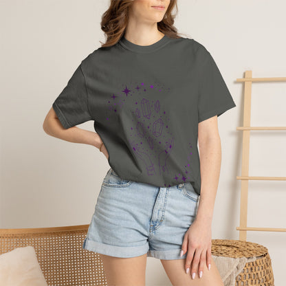 Crystal Reading T-Shirt — Mystical Hands, Floating Crystals & Stars Tee