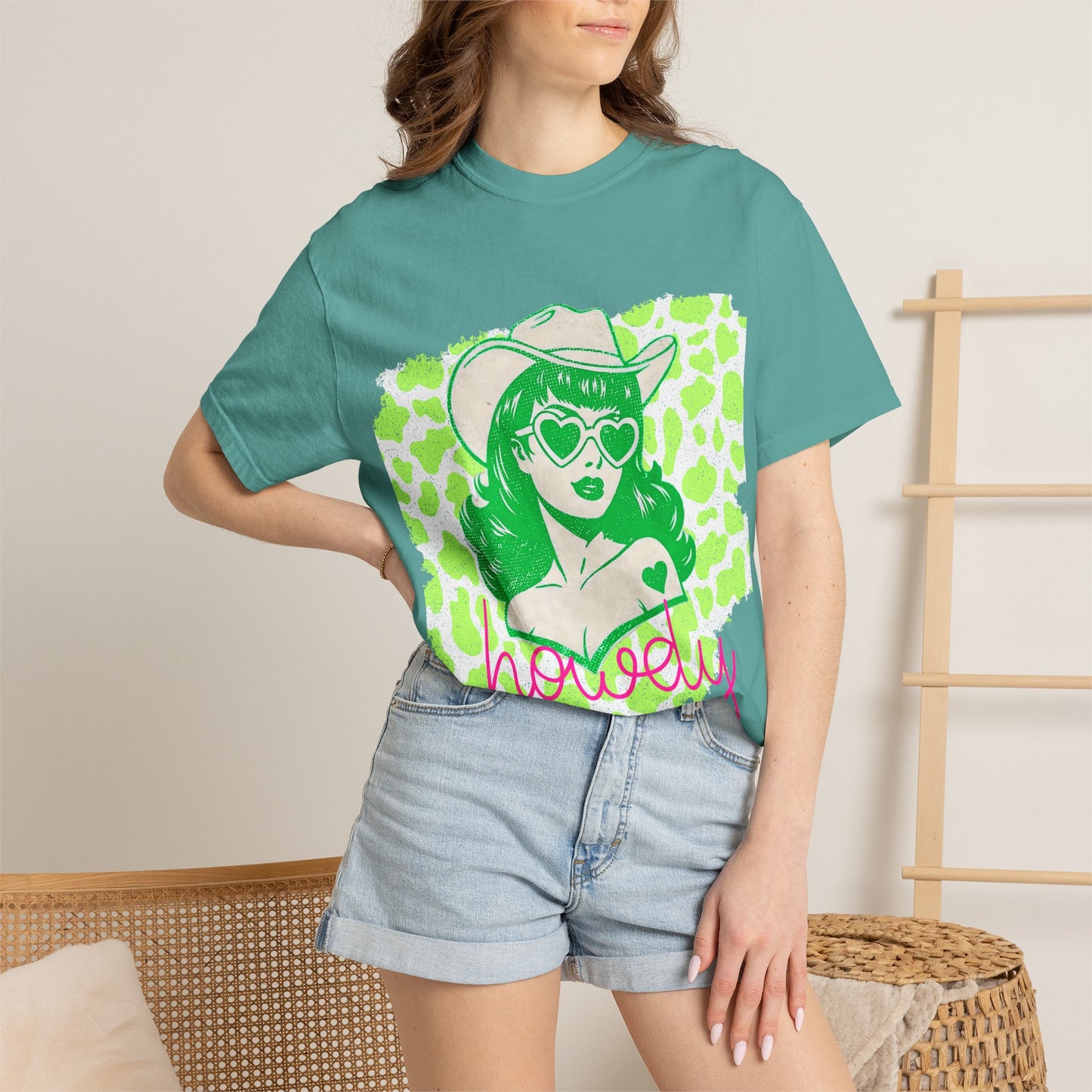 Howdy Cowgirl Graphic T-Shirt — Retro Neon Green Leopard Print with “howdy” Script