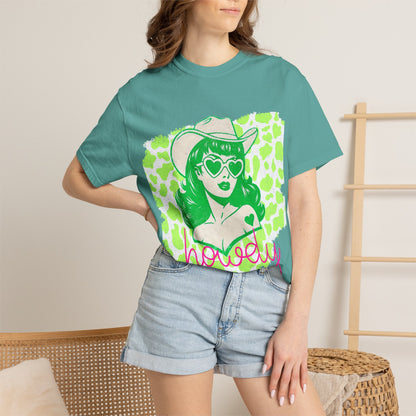 Howdy Cowgirl Graphic T-Shirt — Retro Neon Green Leopard Print with “howdy” Script