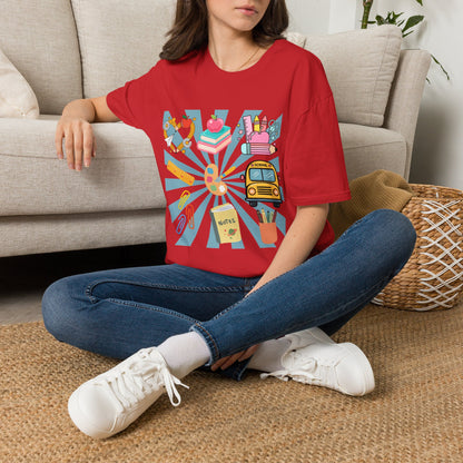 Back to School Graphic T-Shirt — Colorful School Icons (Apple, Bus, Books)