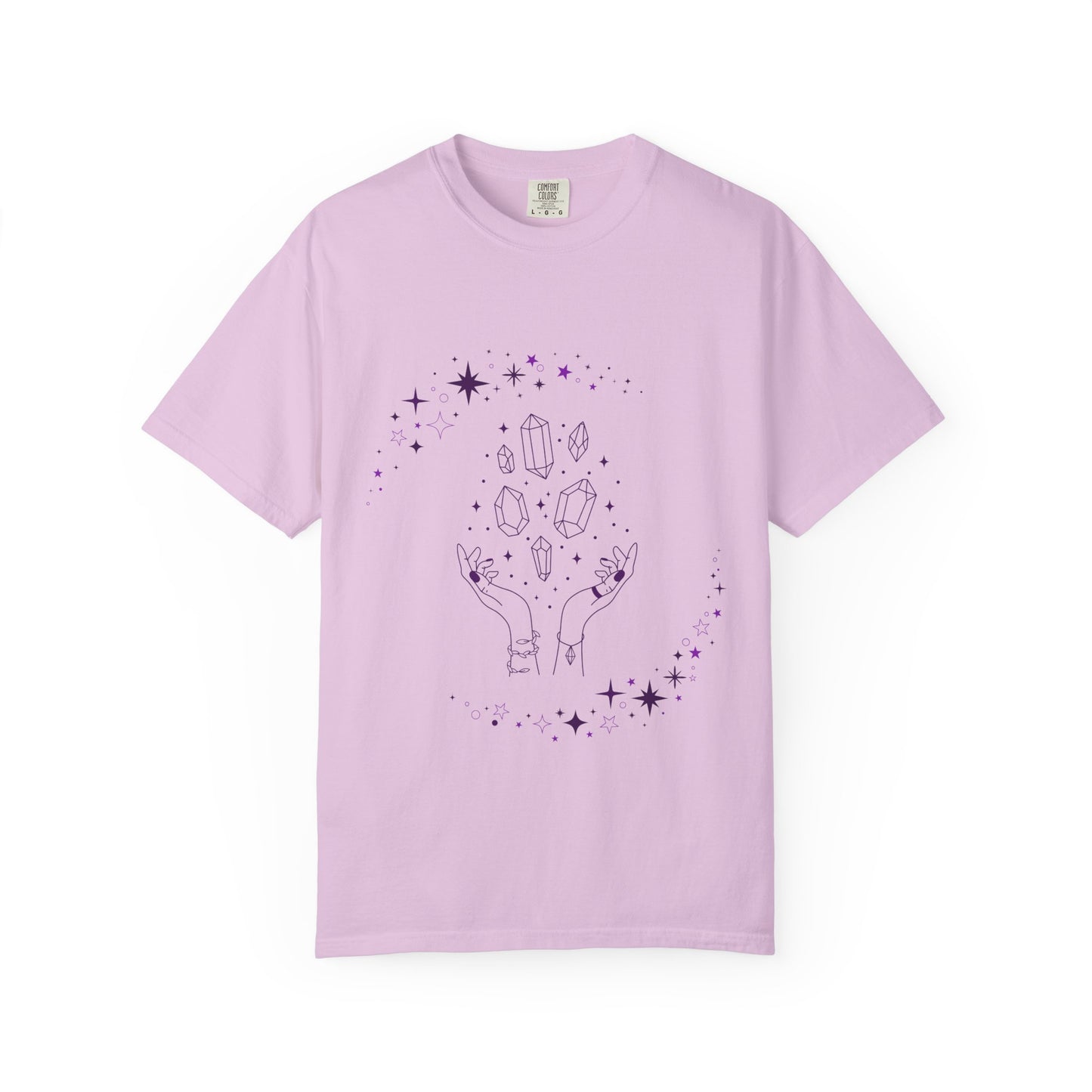Crystal Reading T-Shirt — Mystical Hands, Floating Crystals & Stars Tee