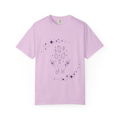 Crystal Reading T-Shirt — Mystical Hands, Floating Crystals & Stars Tee