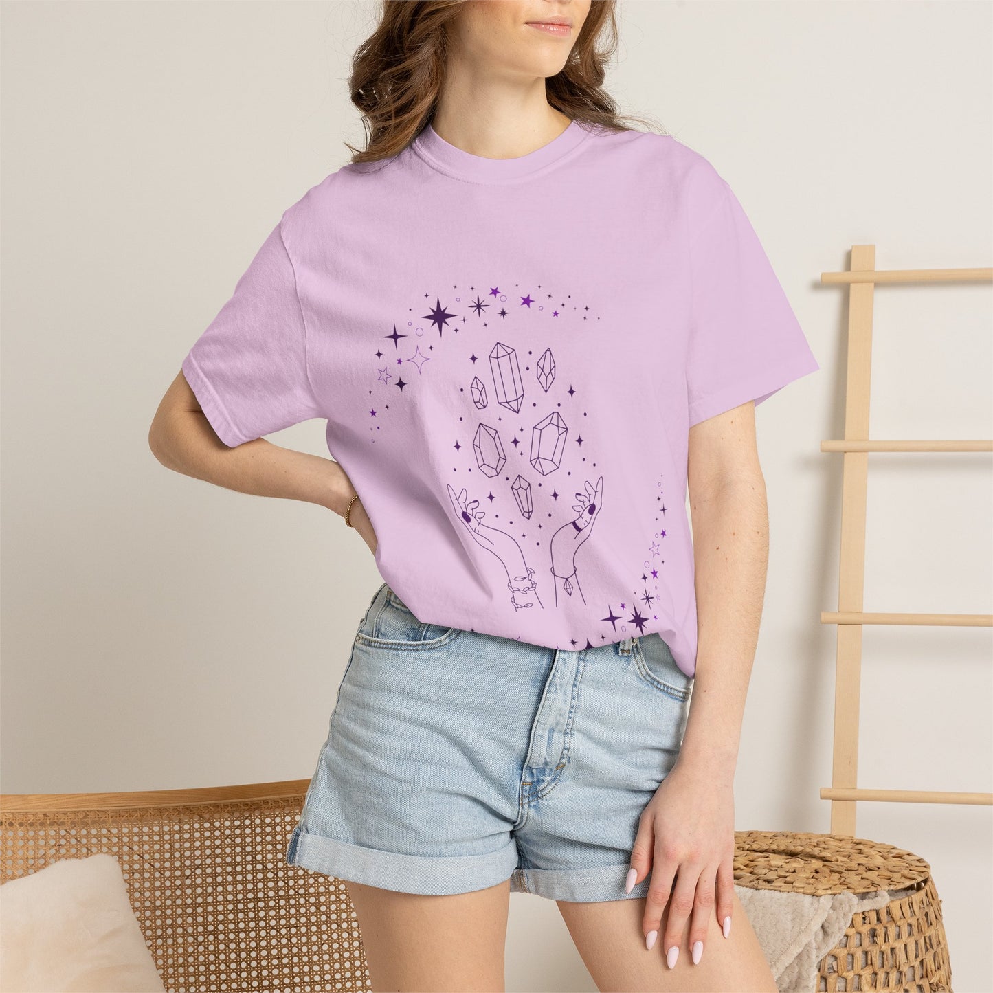 Crystal Reading T-Shirt — Mystical Hands, Floating Crystals & Stars Tee