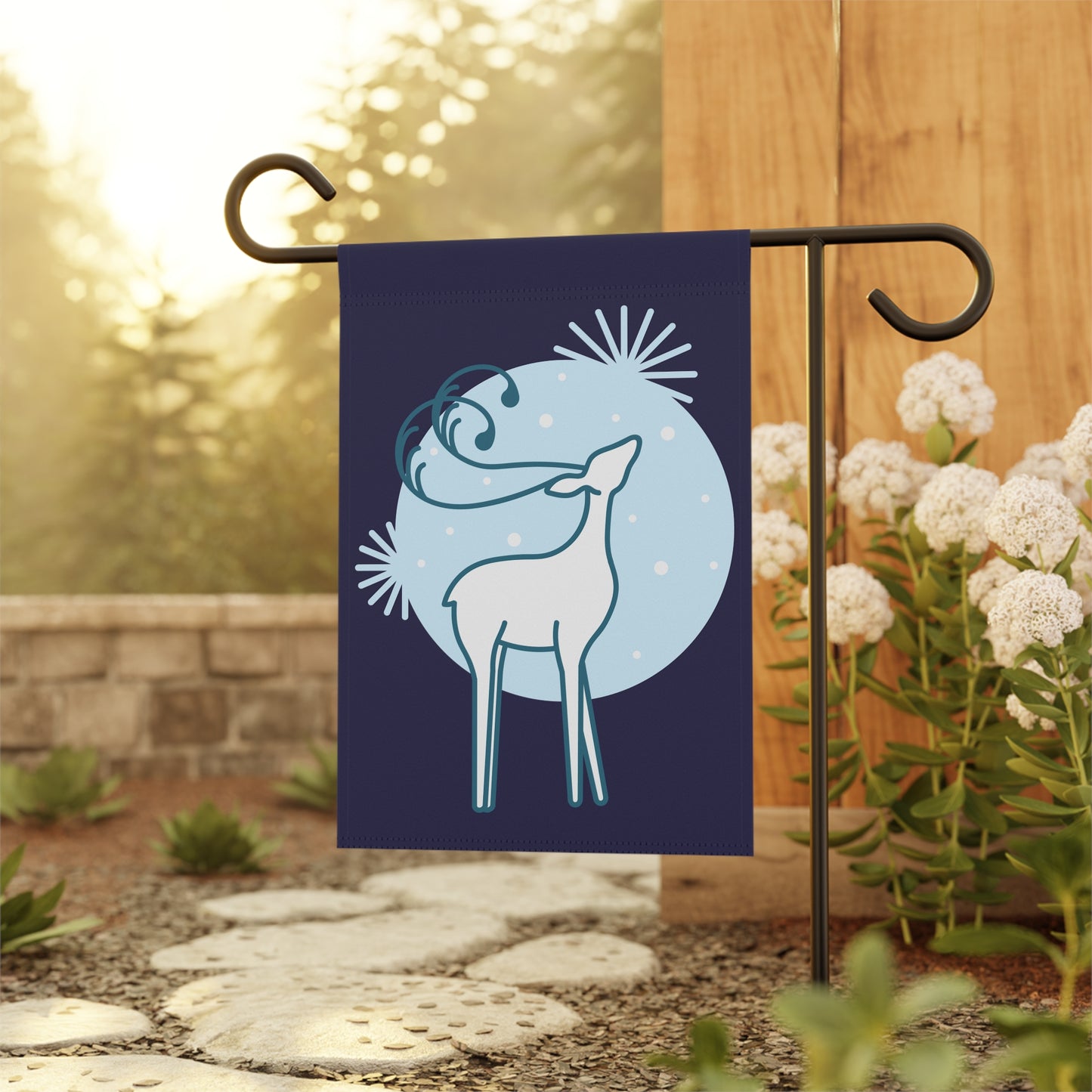 Winter Deer Garden Flag — Moonlight Reindeer Outdoor House Banner