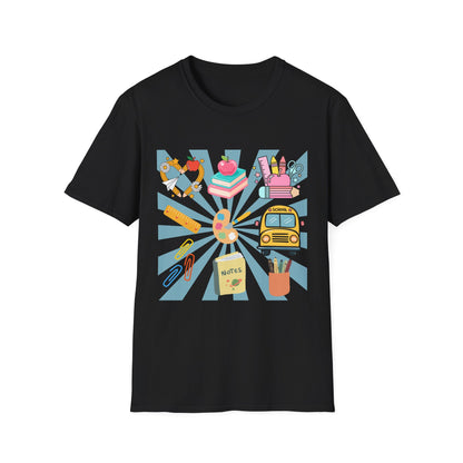 Back to School Graphic T-Shirt — Colorful School Icons (Apple, Bus, Books)