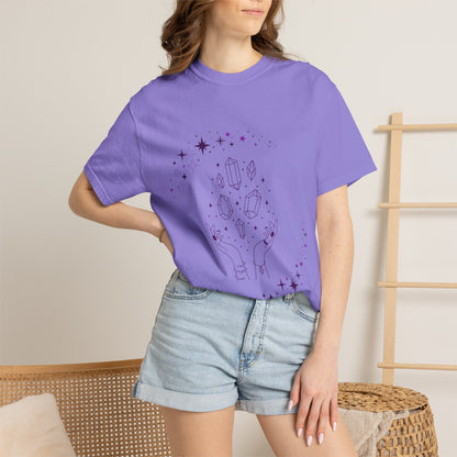 Crystal Reading T-Shirt — Mystical Hands, Floating Crystals & Stars Tee
