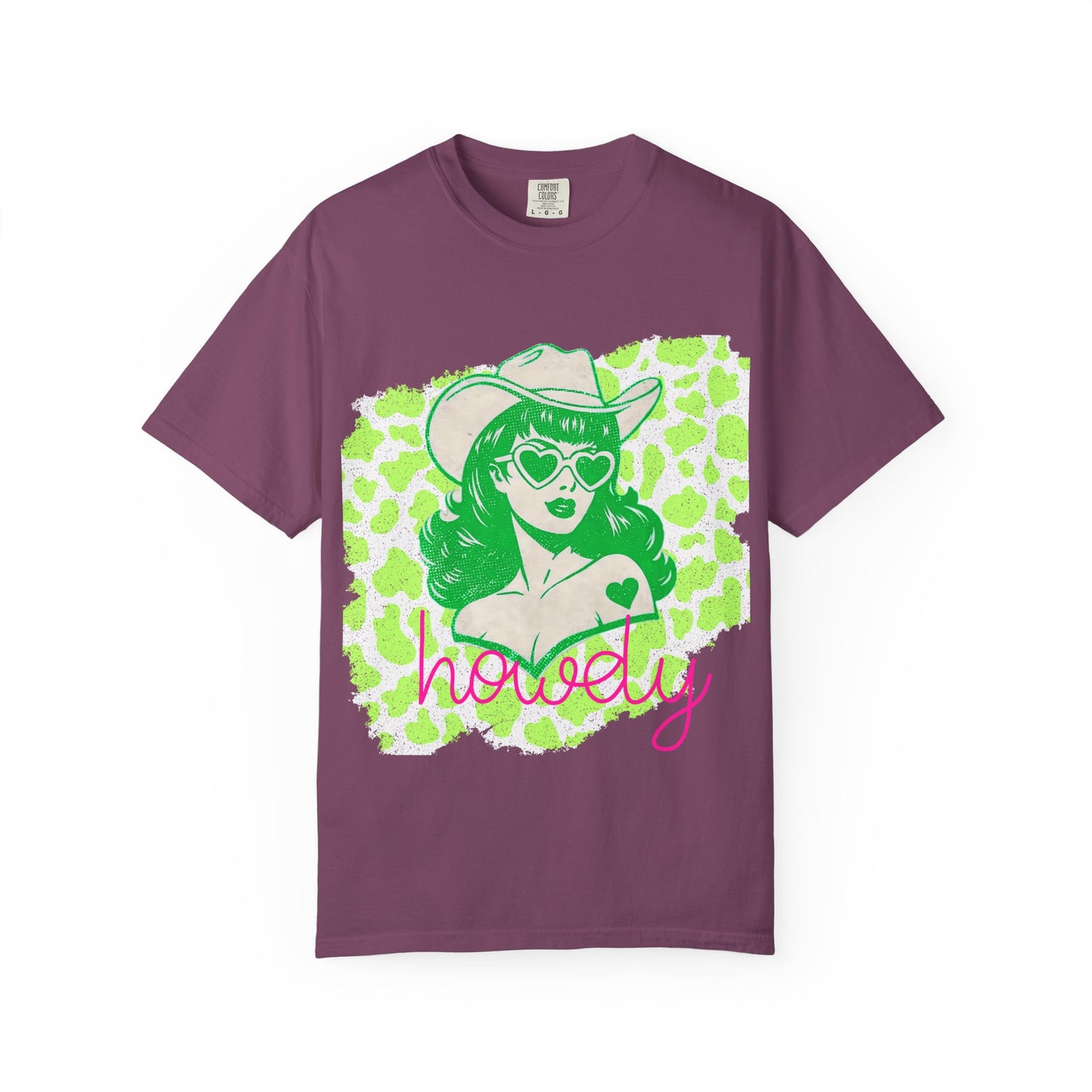 Howdy Cowgirl Graphic T-Shirt — Retro Neon Green Leopard Print with “howdy” Script