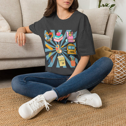 Back to School Graphic T-Shirt — Colorful School Icons (Apple, Bus, Books)