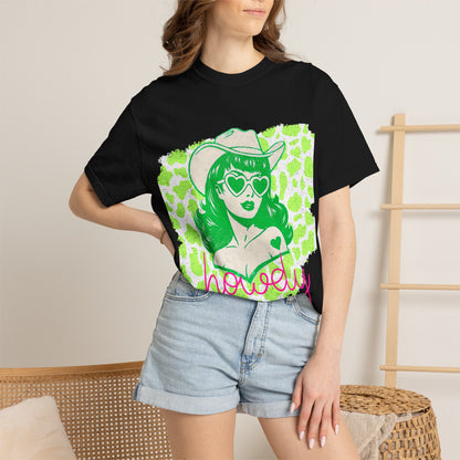 Howdy Cowgirl Graphic T-Shirt — Retro Neon Green Leopard Print with “howdy” Script