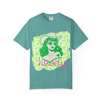 Howdy Cowgirl Graphic T-Shirt — Retro Neon Green Leopard Print with “howdy” Script